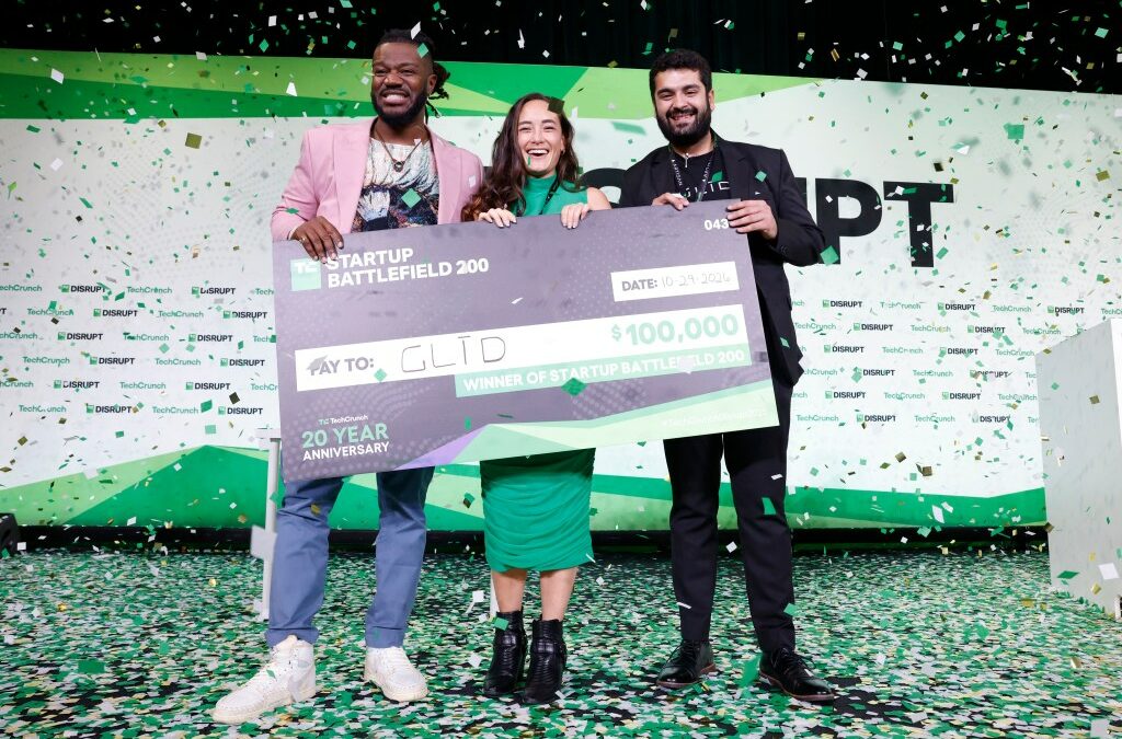 Kevin A. Damoa, Founder & CEO, Glīd, Claire Kroft and Ankit Malhotra, winners of the Startup Battlefield 2025, pose onstage during day three of TechCrunch Disrupt 2025 at Moscone Center on October 29, 2025 in San Francisco, California.