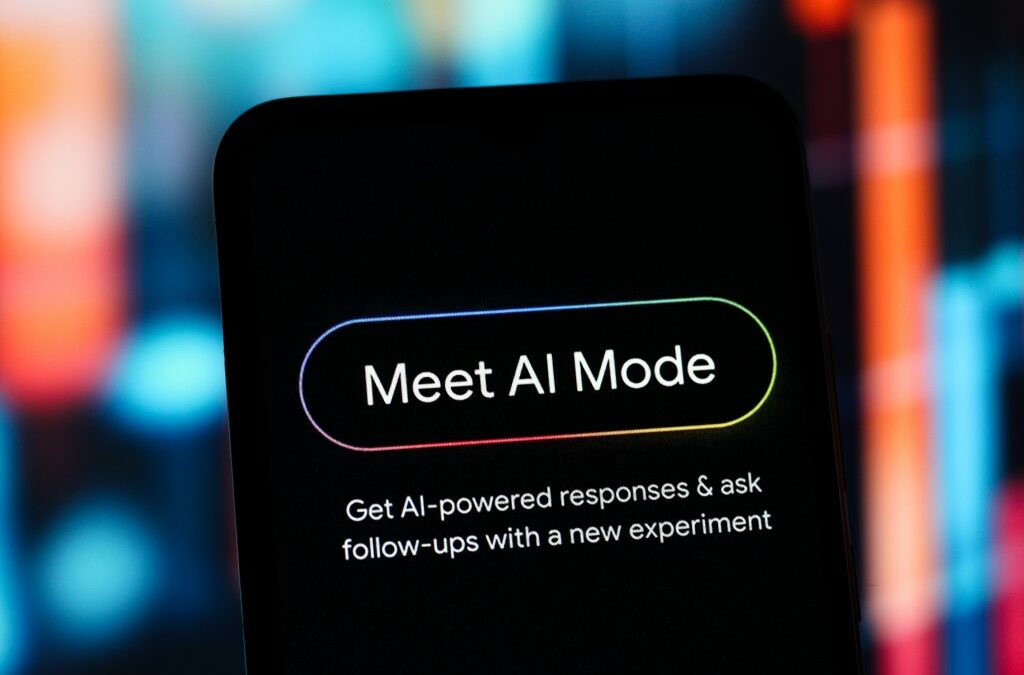In this photo illustration, the Google Meet AI Mode logo is seen displayed on a smartphone screen.