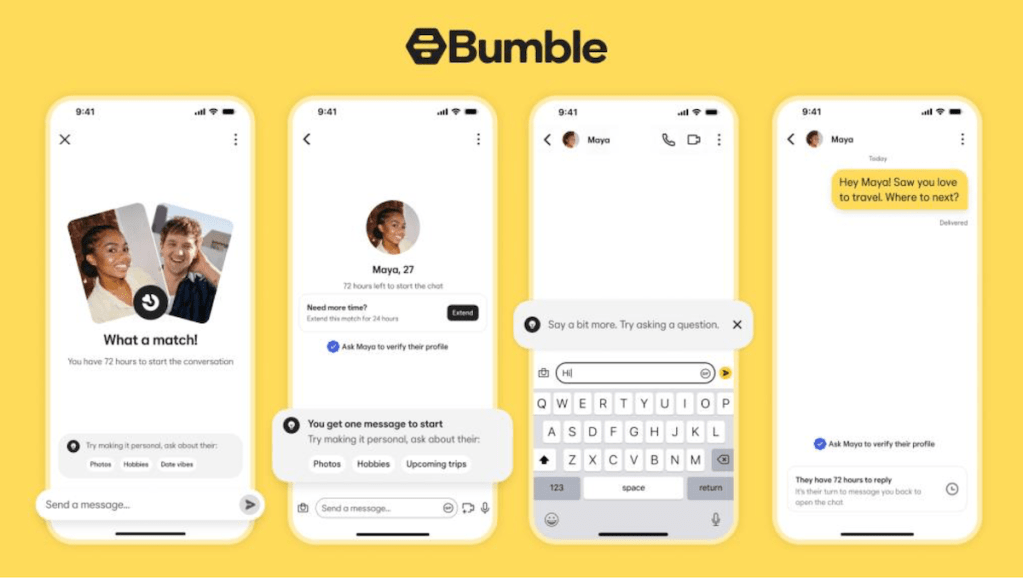 Bumble messages shown on multiple smartphone screens