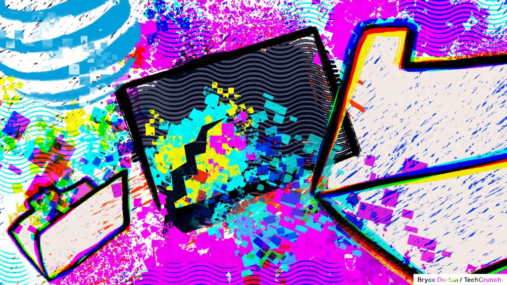 A render of a data breach with computer folders over blue, green and purple spilling data squares.
