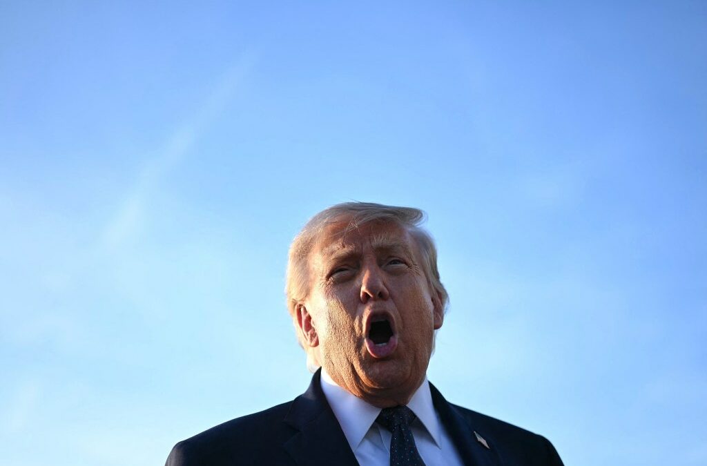 US President Donald Trump addresses the media on the tarmac after arriving at Paris Orly Airport.