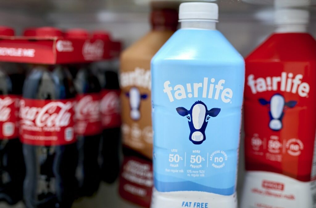 Fairlife ultra-filtered fat free, whole, and chocolate milk and Coca-Cola bottles arranged in Germantown, New York, US, on Tuesday, Dec. 3, 2024. Fairlife, which uses a specialized filtering process to boost protein and cut sugar and lactose in its milk products, helped spark the modern protein craze that's unfolded alongside the rise of Ozempic and other GLP-1 drugs. Photographer: Gabby Jones/Bloomberg via Getty Images