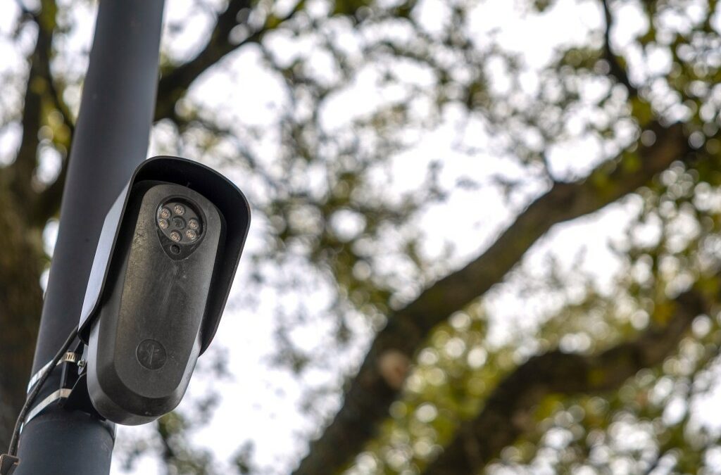 A Flock surveillance camera in Houston, Texas, US, on Wednesday, Feb. 4, 2026. Flock counts more than 6,000 customers that are using its license plate readers, camera-equipped drones, gunshot detection devices and software, with customers in every state except Alaska. Photographer: Antranik Tavitian/Bloomberg via Getty Images