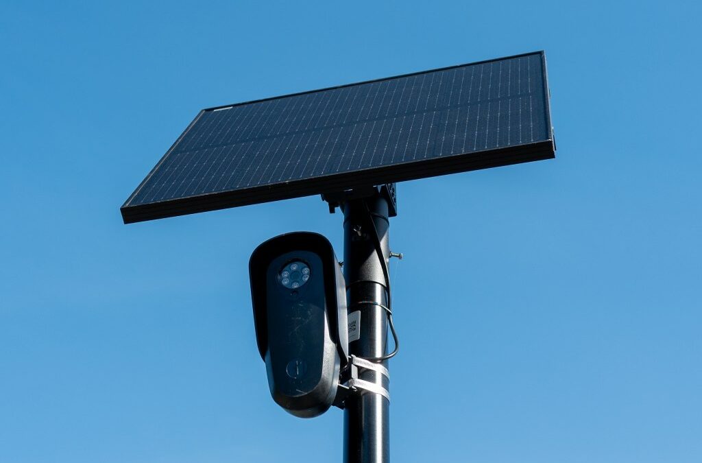 Flock license plate reader and camera with solar panel against a blue sky, Pleasant Hill, California, April 16, 2026.