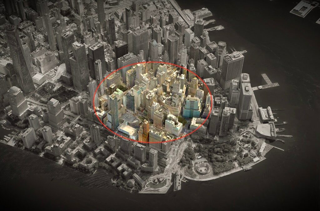 a 3D aerial photo of lower Manhattan, darkened, showing a ring over a radius across the city, showing a geofence warrant.