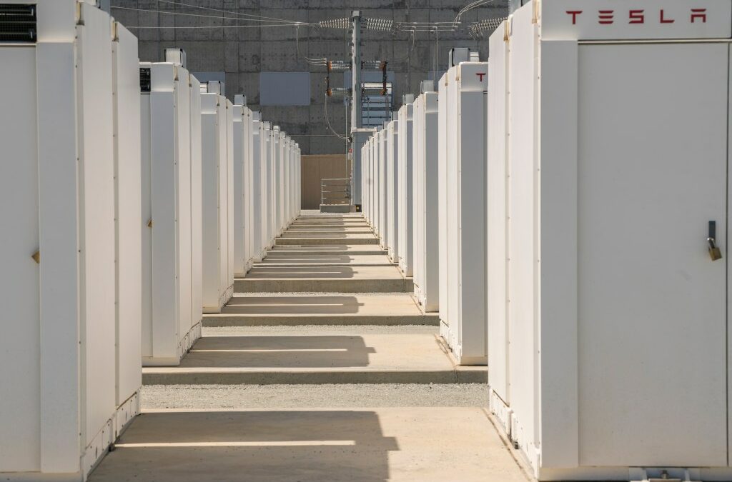 Tesla Megapack batteries during a tour of the Elkhorn Battery Energy Storage System in Moss Landing, California