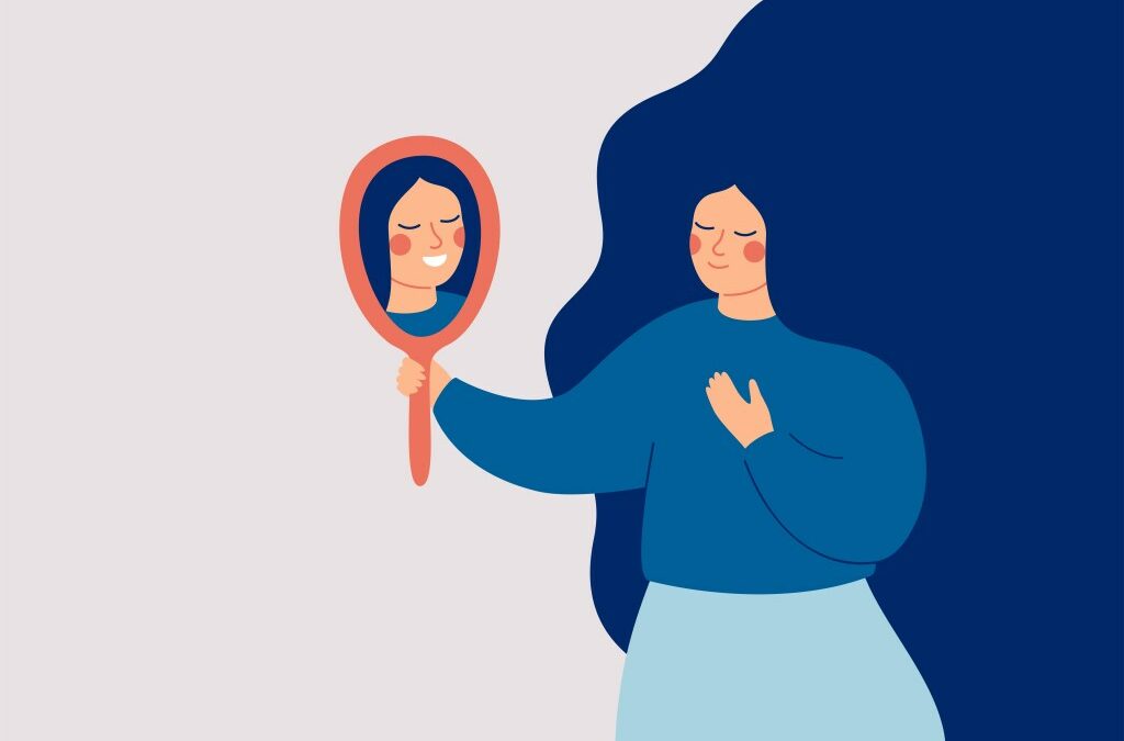 render of young woman looking at a mirror and seeing her happy reflection.