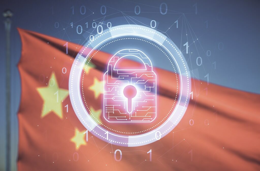 Image of Chinese flag with digital overlay of a lock depicting privacy