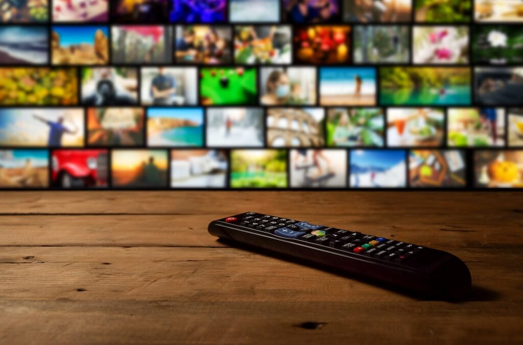 Smart tv interactive television with remote control on the table