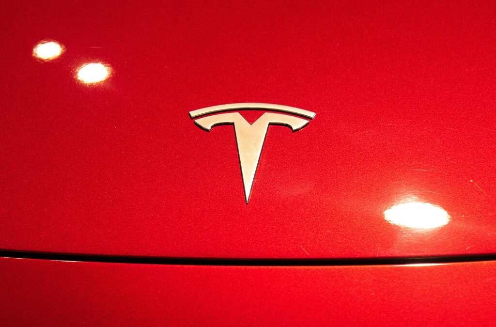 A Tesla logo seen on a Tesla Model 3 car.