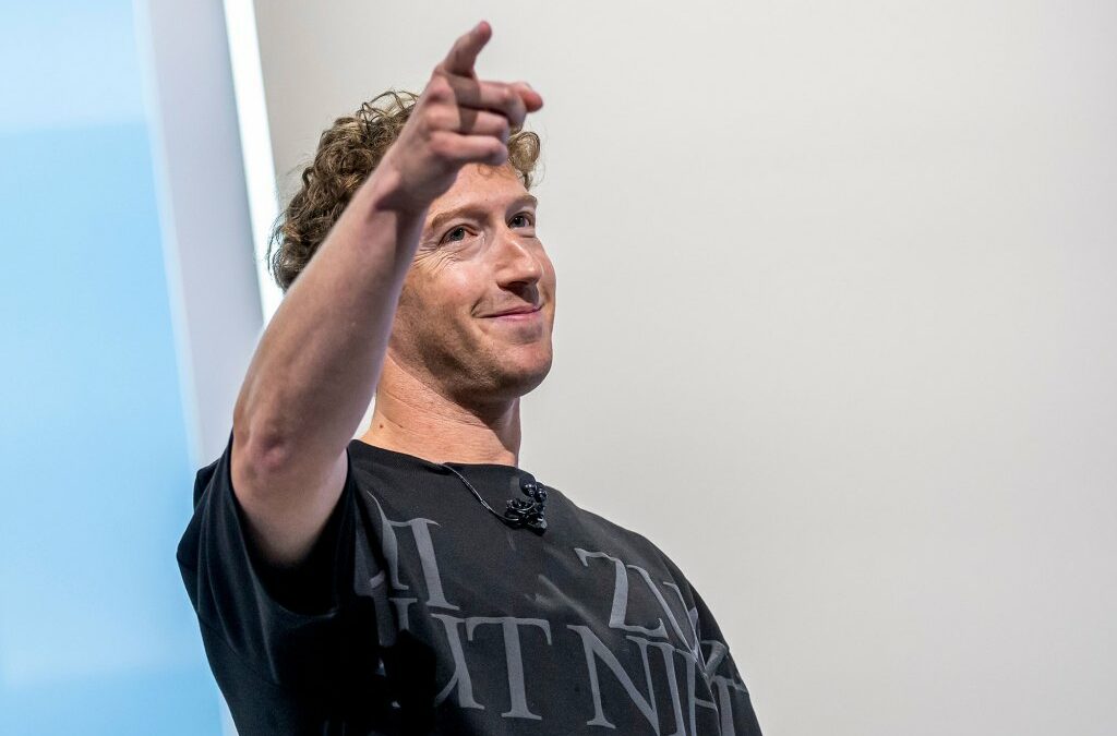 Mark Zuckerberg, chief executive officer of Meta Platforms Inc., during the Meta Connect event in Menlo Park, California, US, on Wednesday, Sept. 25, 2024. Meta Platforms Inc. debuted its first pair of augmented reality glasses, devices that show a combined view of the digital and physical worlds, a key step in Chief Executive Officer Mark Zuckerberg's goal of one day offering a hands-free alternative to the smartphone. Photographer: David Paul Morris/Bloomberg via Getty Images