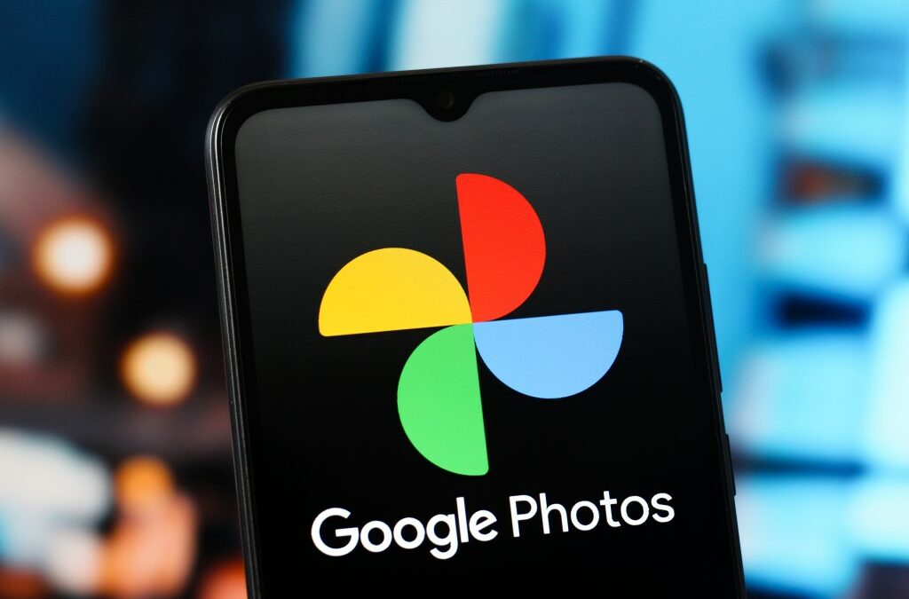 In this photo illustration, the Google Photos logo is seen displayed on a smartphone screen.