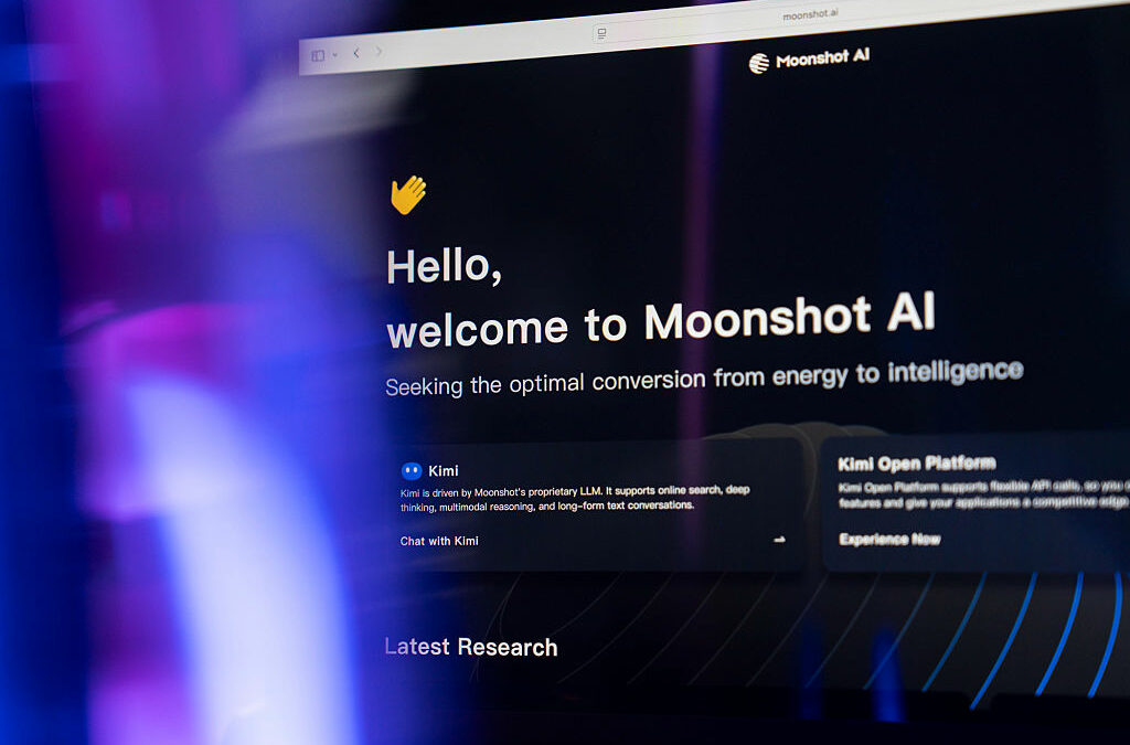 Information for Moonshot AI's Kimi chatbot arranged on a computer.