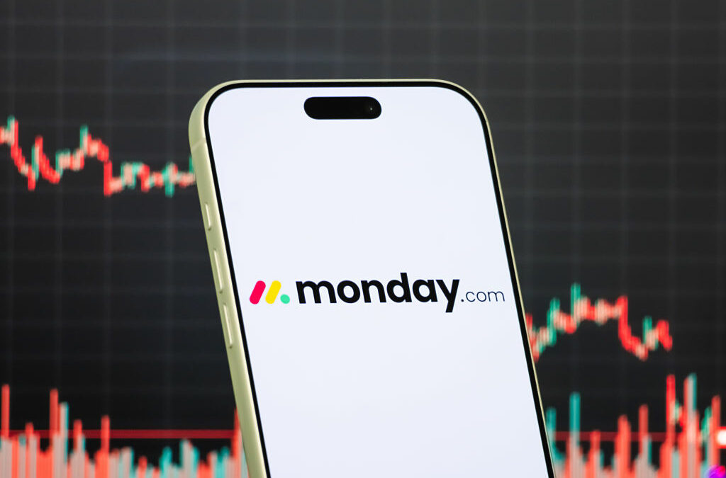 In this photo illustration, a smartphone displays the logo of Monday.com Ltd.