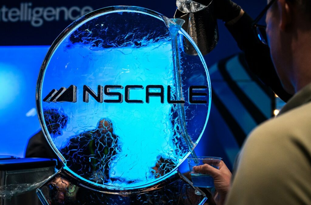 Nscale signage on the exhibition floor during the Nvidia GTC conference in San Jose, California.