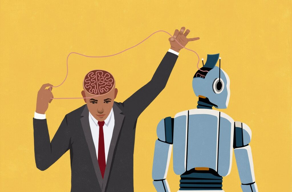 Businessman pulling at thread connecting his brain and open head of AI robot on yellow background