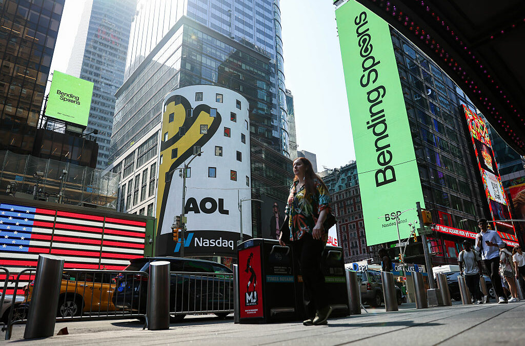 Bending Spoons signage during the company's initial public offering (IPO) at the Nasdaq MarketSite in New York, US, on Wednesday, July 1, 2026. Bending Spoons applies a private equity playbook to software, buying up mostly fledgling subscription-based apps, slashing headcount and handing operations to its roster of Italian engineers. Photographer: Michael Nagle/Bloomberg via Getty Images