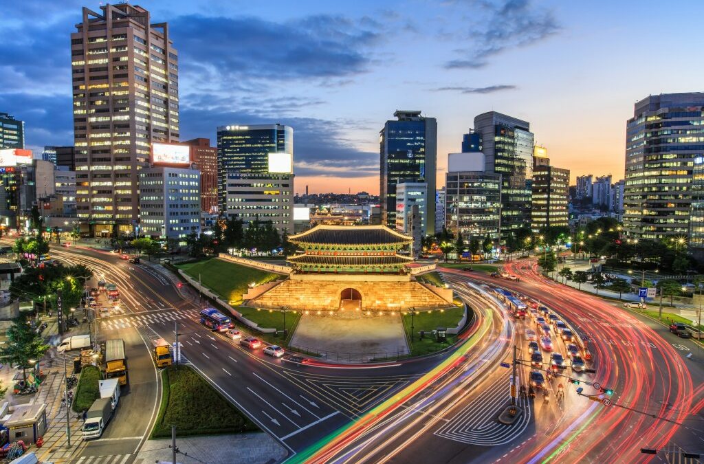Old fortress gate with light trails at downtown - Seoul, South Korea