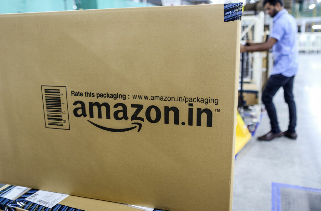 A package sits ready for shipment at the Amazon.com Inc. fulfillment center in Hyderabad, India