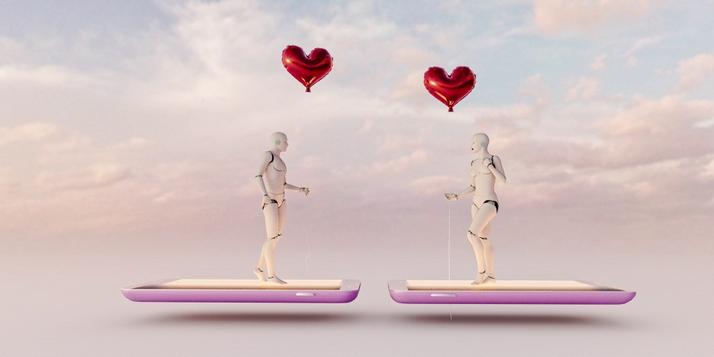 two humanoid robots holding heart-shaped balloons