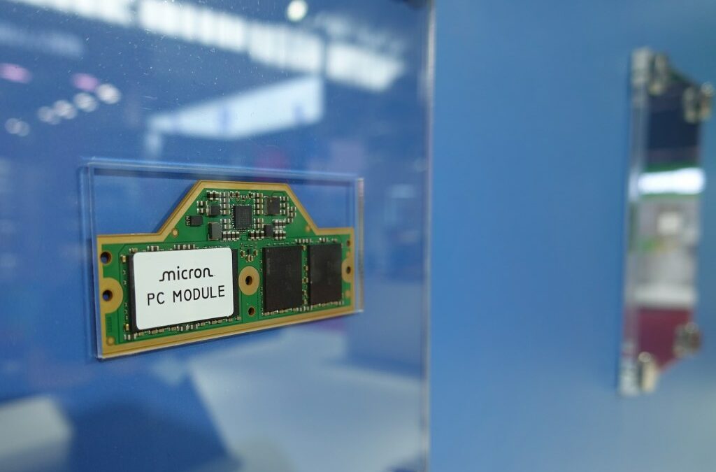 Modules with packaged memory chips displayed at Micron's booth at the 3rd China International Supply Chain Expo in Beijing, China