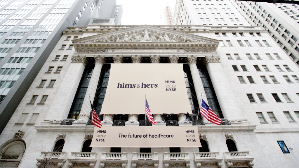 a photo of Hims and Hers banner outside the New York Stock Exchange.