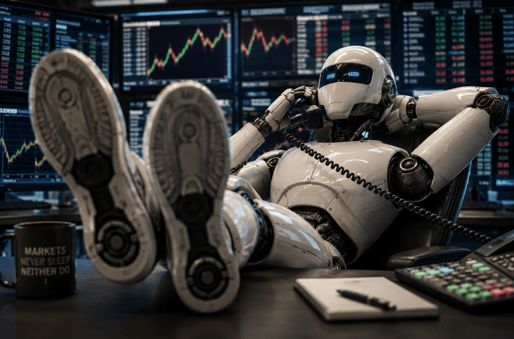 humanoid robot leaning back in desk chair talking on phone