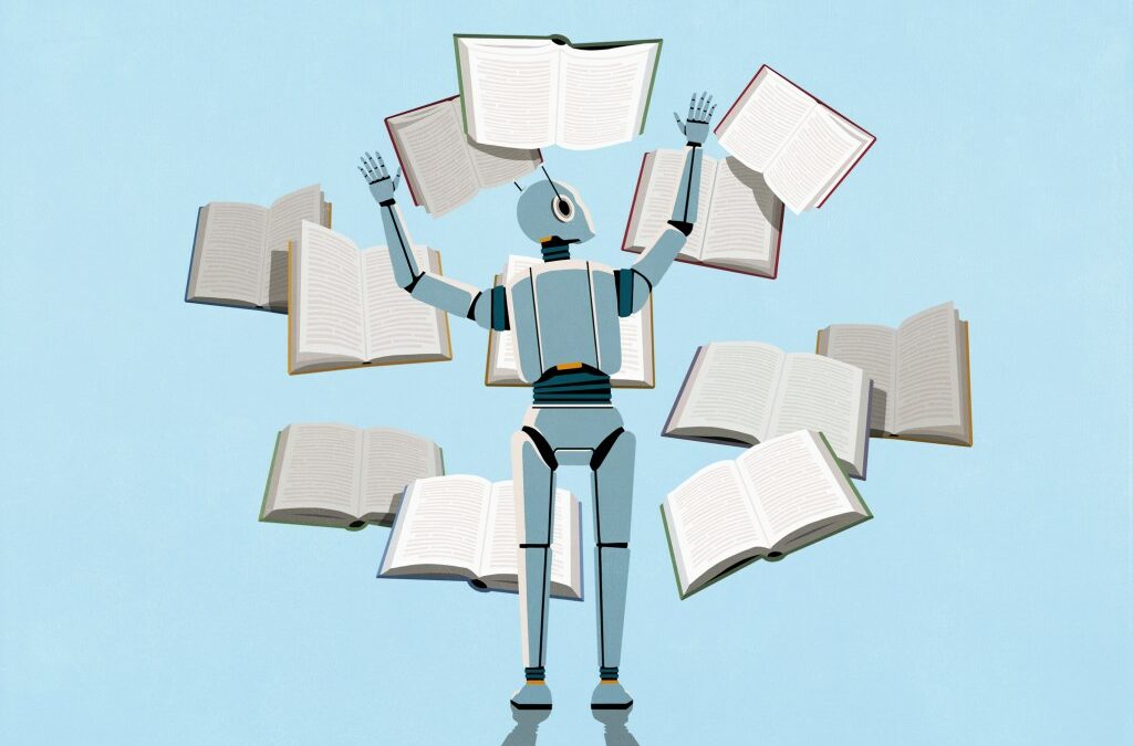 render of LLM AI bot reading multiple books at once