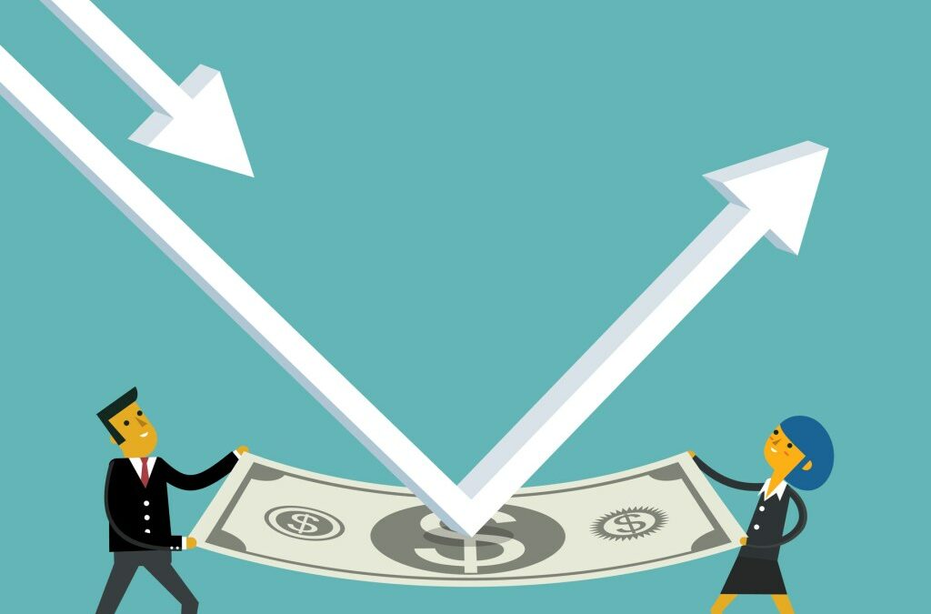 render of man and woman holding dollar bill, arrow deflecting off it