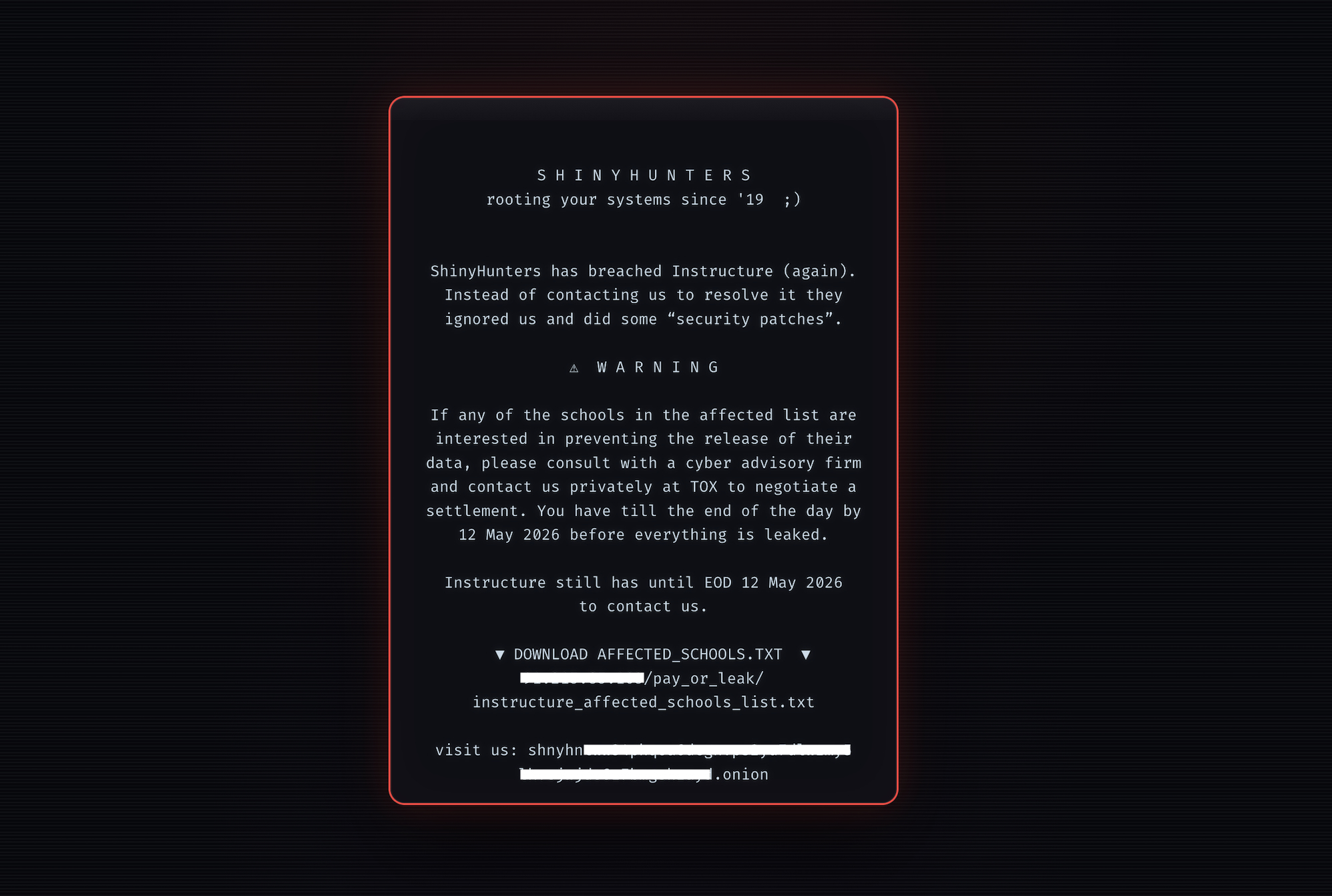 A redacted screenshot of the message ShinyHunters left on the hacked login pages of Instructure's platform Canvas.