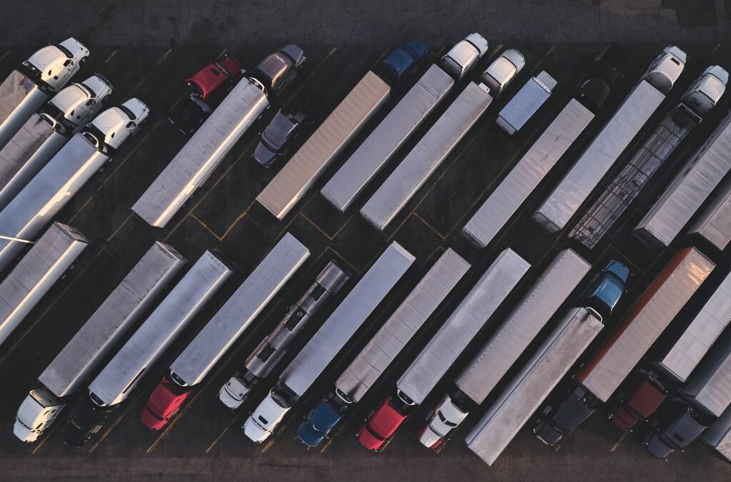 overhead shot of parked semi trucks
