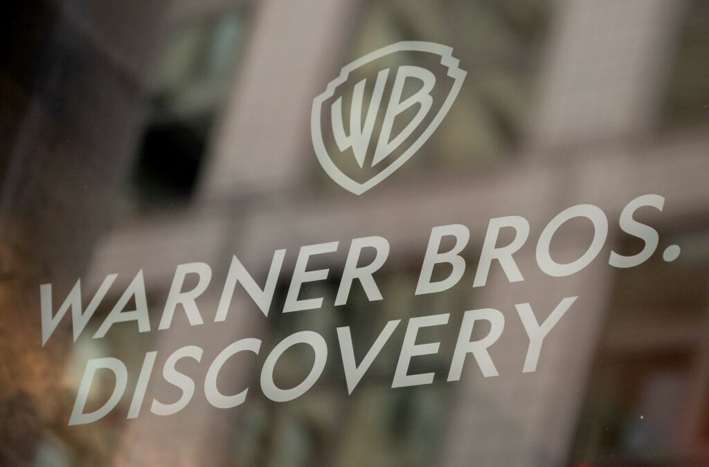 Signage at the Warner Bros. Discovery headquarters in New York