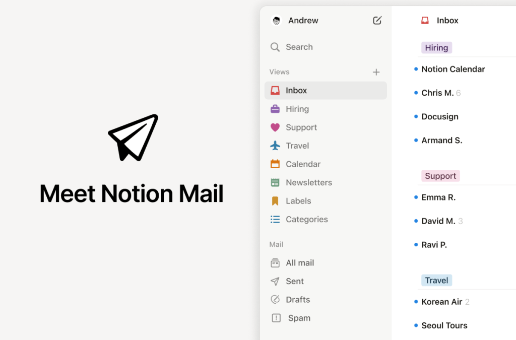 Image of a screengrab of Notion Mail that includes a view of its auto-labeled folder.