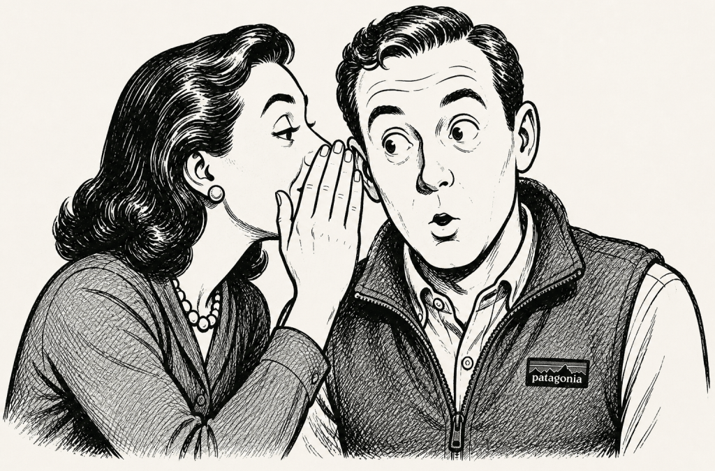 render of a woman whispering in a man's ear